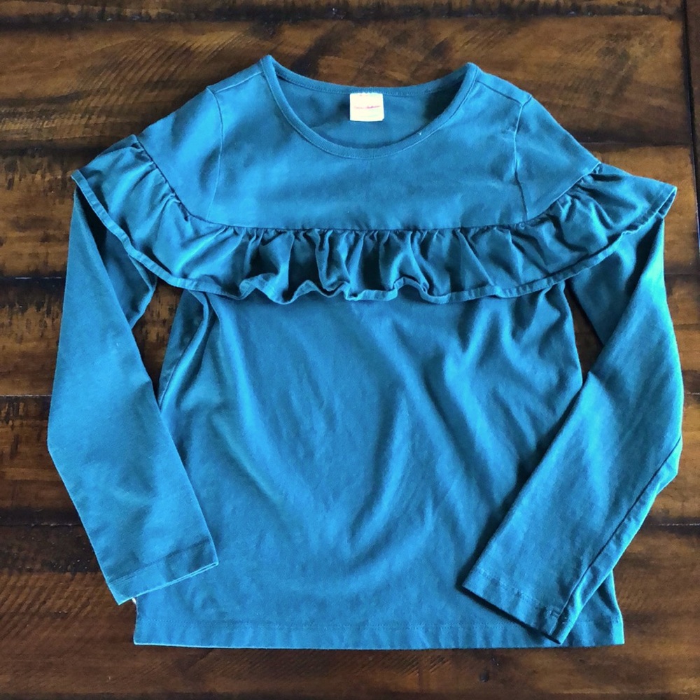 Hanna Anderson ruffled long sleeve shirt, size 8 evergreen color